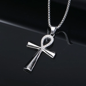 Vintage silver Ankh cross pendant with pavé set crystals and polished steel chain