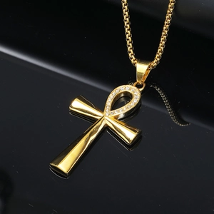 Polished gold Ankh cross pendant with sparkling stones on thick stainless steel square mesh chain