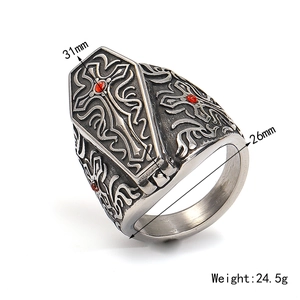 Gothic stainless steel coffin ring with cross relief and red stone for men