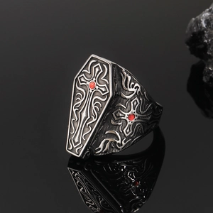 Gothic Stainless Steel Coffin Ring For Men Punk Hip Hop Cross Design With Red Rhinestone Retro Aged Biker Finger Jewelry Gift