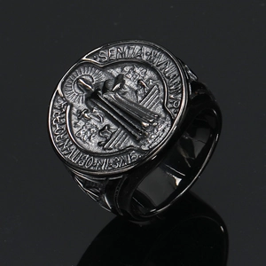 Retro Saint Benedict medal ring in black titanium steel with hip-hop punk relief style
