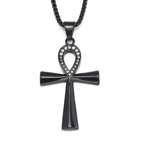Retro black stainless steel Ankh cross pendant with sparkling stones on a box chain