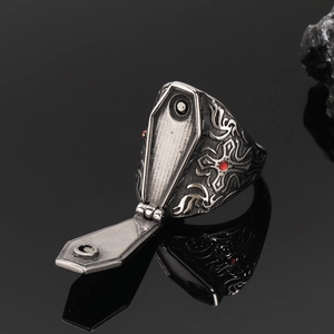 Gothic stainless steel coffin ring with opening lid and cross engravings for men