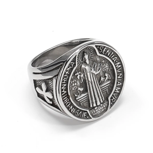 Vintage Saint Benedict signet ring in antique stainless steel with religious engraving