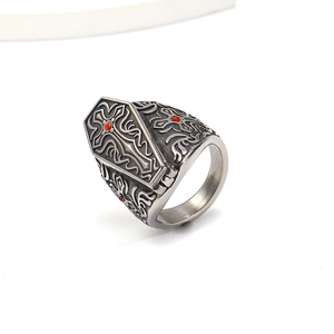 Gothic stainless steel coffin ring with red rhinestone cross and vintage vine engraving