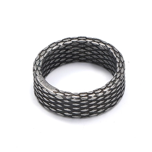 Vintage stainless steel ring with diamond fish scale texture in oxidized silver finish