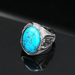Macro di anello vintage da uomo in acciaio con pietra blu ovale e trama in rilievo