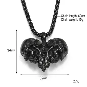 Ciondolo a cuore con teschio gotico in acciaio al titanio nero con catena da 60 cm