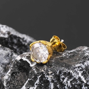 Classic gold titanium steel stud earring featuring a large round brilliant cubic zirconia stone