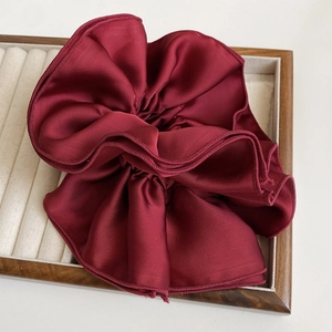 Elegant deep red satin fabric scrunchie with four-layer pleated edges for women
