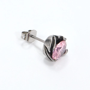 Vintage silver flower bud stud earring with pink faceted zircon stone for men and women