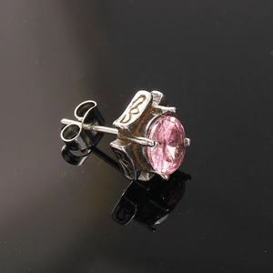 Square pink zircon stud earring in silver titanium steel with a sleek mirrored reflection