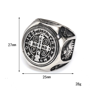 Vintage St. Benedikt Schildring für Herren aus Edelstahl in Retro-Silber und Schwarz