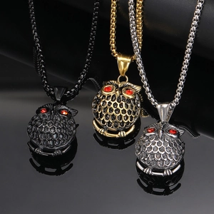 Vintage Punk Titanstahl Eule Anhänger Halskette Mit Roter Strass Einlage Tier Hip Hop Schmuck Geschenk Für Herren Damen