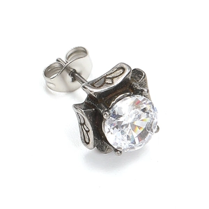 Square zircon stud earring in vintage titanium steel for men with retro engravings
