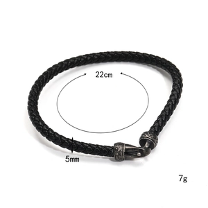 Men's vintage braided leather bracelet with engraved titanium steel buckle, 22cm length