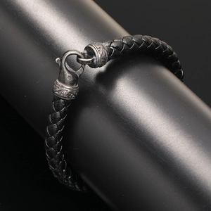Men's retro braided black leather bracelet with vintage silver engraved steel clasp