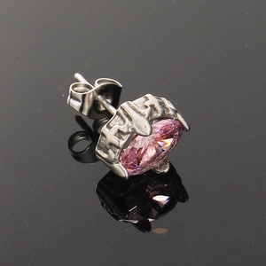 Vintage style titanium steel stud earring with an oval pink gemstone and silver finish
