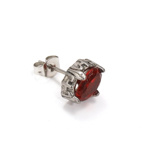 Vintage silver titanium steel stud earring with oval red zircon stone for men and women
