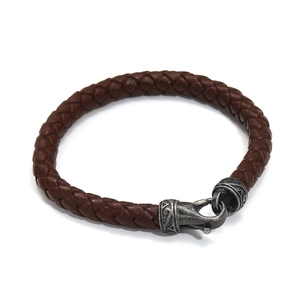 Retro braided brown leather bracelet for men with vintage silver titanium steel clasp