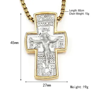 Collana vintage in acciaio inossidabile con croce ortodossa e figura religiosa sbalzata