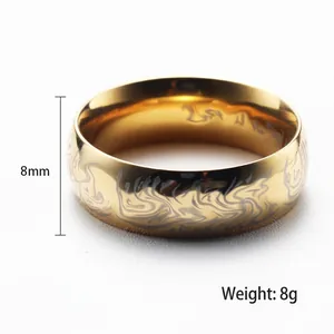 Men's 8mm gold stainless steel ring with laser engraved spiral pattern, 8g weight