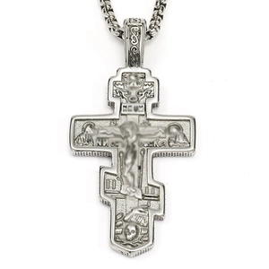 Vintage stainless steel Orthodox cross pendant with intricate engravings and metal chain