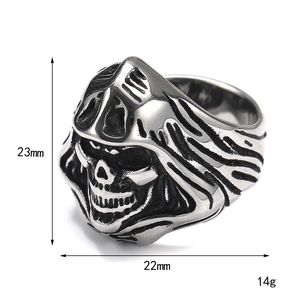 Bague crâne punk gothique en acier titane argenté vintage avec motif faucheuse à capuche