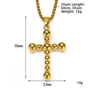 Collar cruz de cuentas doradas con cadena 60cm y colgante 58mm para hombre mujer