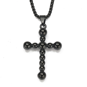 Collar con colgante de cruz de cuentas de acero inoxidable negro pulido y cadena box