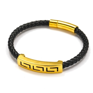 Men's braided leather bracelet with golden engraved curved tube and magnetic clasp