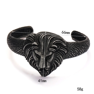 Punk style lion head open bangle for men in antique silver finish with detailed mane texture