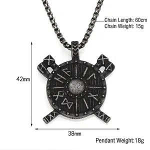 Vintage Viking shield and axes pendant in antique silver finish with Nordic runes and box chain