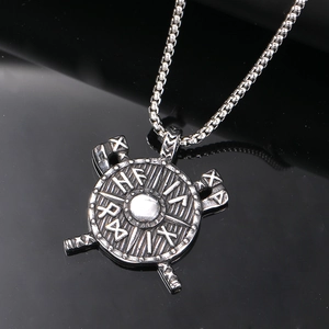 Vintage Viking shield and axes pendant necklace with Nordic runes and antique finish