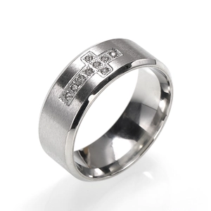 Bague croix en acier inoxydable brossé avec pierres de zircon pour hommes et femmes