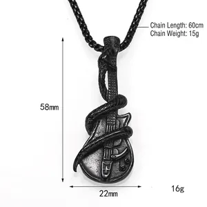Punk black stainless steel guitar pendant necklace with snake wrap design for men