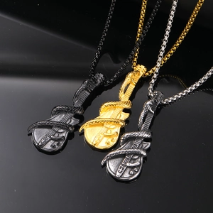 Punk Rock Stainless Steel Snake Wrapped Guitar Pendant Necklace Hip Hop Men Titanium Steel Guitar Snake Jewelry Gift