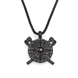 Vintage Viking shield and double axe pendant in gunmetal black stainless steel