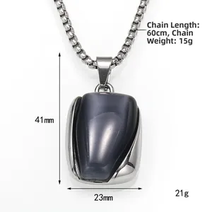Collana con ciondolo in pietra occhio di gatto in acciaio al titanio e catena da 60cm unisex