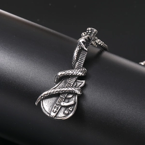 Gothic punk stainless steel necklace featuring a detailed snake wrapped around a guitar