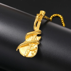 Gold stainless steel punk rock guitar pendant with snake wrap detailing on chain