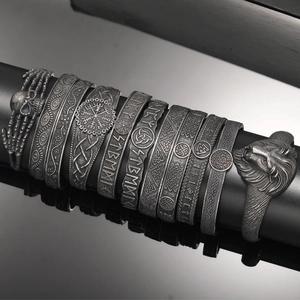 Nordic Viking Stainless Steel Cuff Bangle Retro Antique Silver Rune Compass Lion Head Skull Geometric Open Bracelet For Men