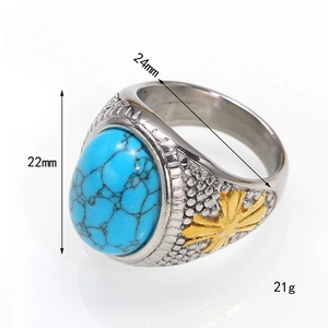 Vintage titanium steel men's ring with turquoise gemstone and gold floral accents