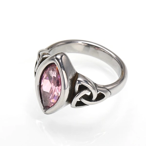 Vintage stainless steel ring with Celtic knot design and marquise-cut pink gemstone
