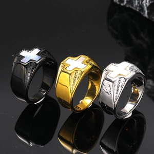 Retro Herren Siegelring Edelstahl Weiß Perlmutt Kreuz Eingelegt Punk Gothic Religiös Hip Hop Schmuck