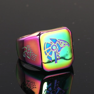 Men's rainbow plated stainless steel signet ring with Anubis eagle totem relief