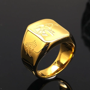 Polished gold stainless steel men's signet ring with Egyptian Anubis and Horus eye