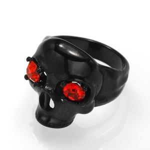 Gothic skull ring in black stainless steel featuring faceted red crystal eyes for men
