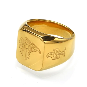 Vintage gold stainless steel signet ring with Egyptian Horus falcon engravings