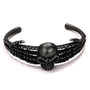 Vintage silver skull bangle with bone-shaped frame, gothic viking steel open bracelet for men